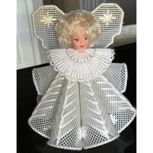 Vintage‎ Plastic Canvas Angel Tree Topper Handmade Needlepoint Doll Head Blonde